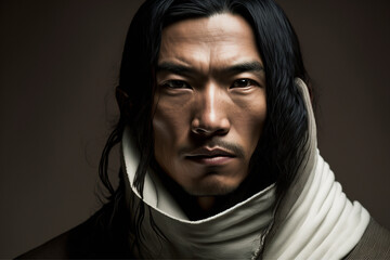 Close-up portrait of a fictional Asian man with a white and brown sweater on a dark background - not based on a real person, Generative AI