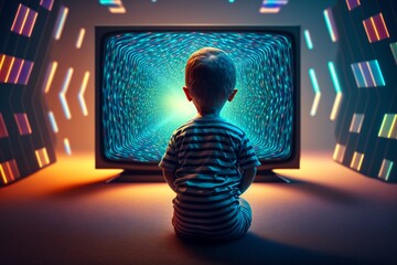 un enfant est hypnotisé par un écran de télévision, danger des écrans sur le développement du bébé - illustration ia - obrazy, fototapety, plakaty