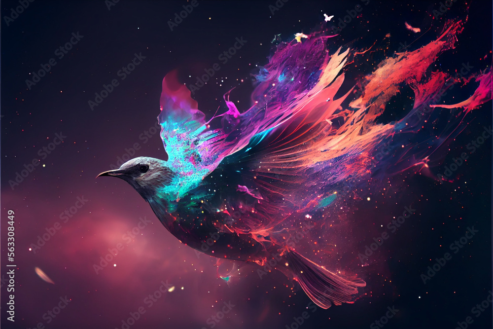 Poster abstract digital bird concept on a nebula dust in infinite space background