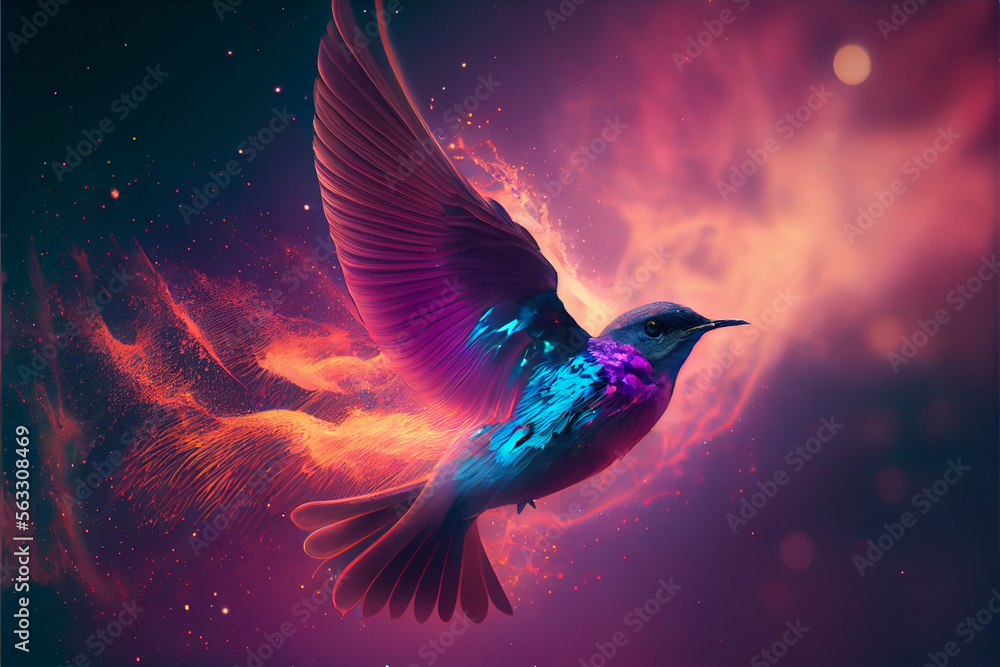 Poster abstract digital bird concept on a nebula dust in infinite space background