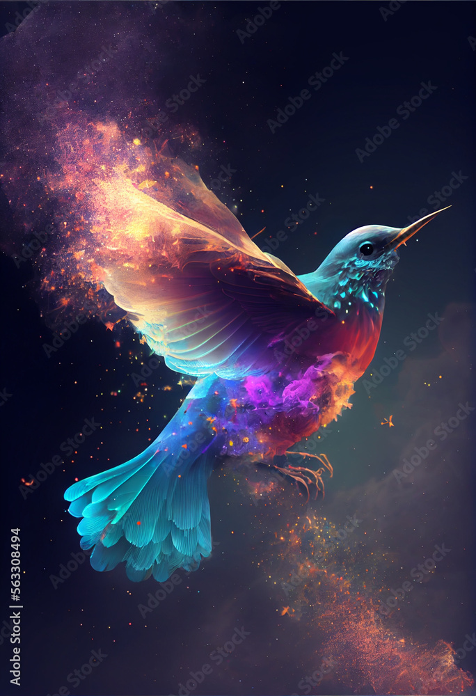 Poster abstract digital bird concept on a nebula dust in infinite space background