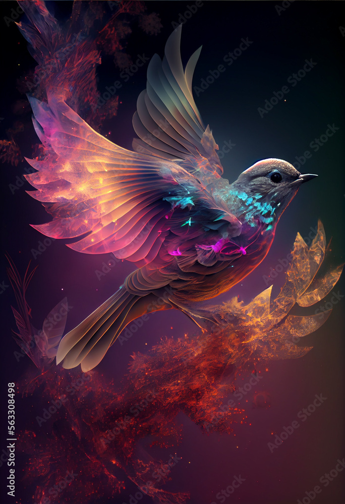 Poster abstract digital bird concept on a nebula dust in infinite space background