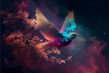 Abstract digital bird concept on a nebula dust in infinite space background