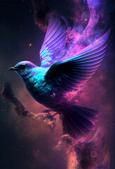 Abstract digital bird concept on a nebula dust in infinite space background