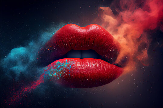 Abstract woman’s lips concept on a nebula dust in infinite space background. Generative AI technology.