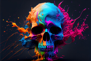 Beautiful abstract Human skull splashed in colorful paint concept, contemporary colors and mood social background. Generative AI technology.