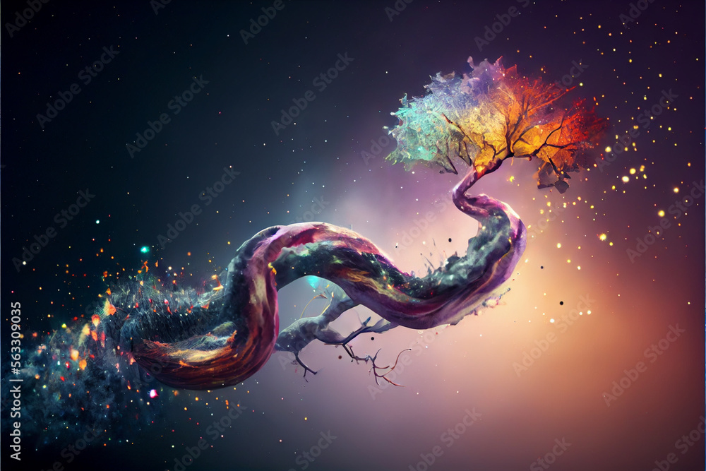 Poster Abstract snake  concept on a nebula dust in infinite space background. Mixed media