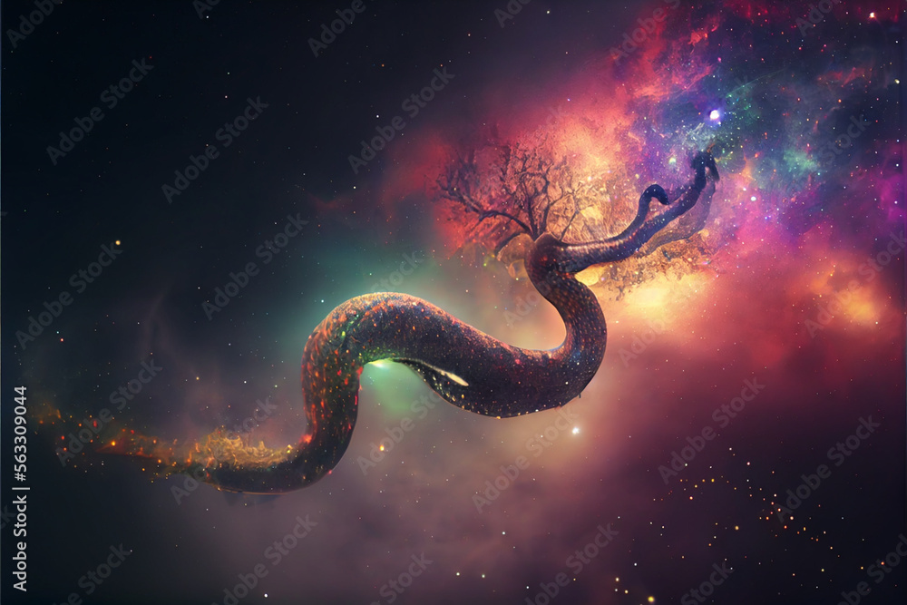 Poster Abstract snake  concept on a nebula dust in infinite space background. Mixed media