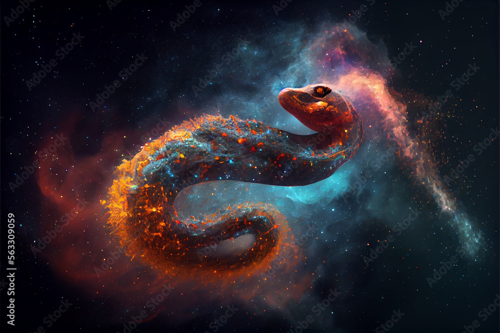 Poster Abstract snake  concept on a nebula dust in infinite space background. Mixed media