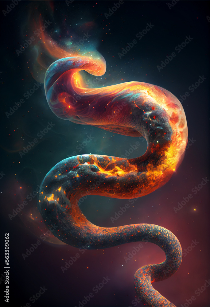 Poster abstract snake concept on a nebula dust in infinite space background. mixed media