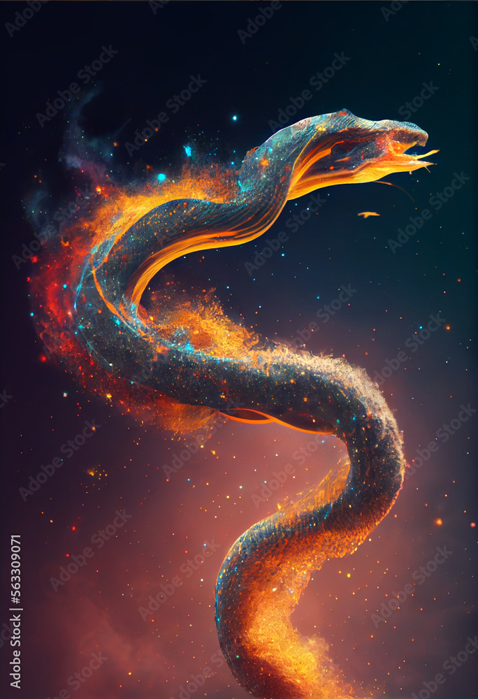 Poster Abstract snake  concept on a nebula dust in infinite space background. Mixed media