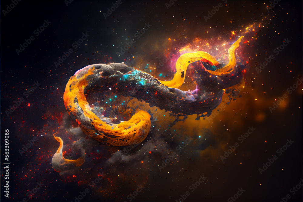 Poster Abstract snake  concept on a nebula dust in infinite space background. Mixed media