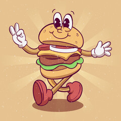 Cute burger illustration hand drawn trendy cartoon element retro style
