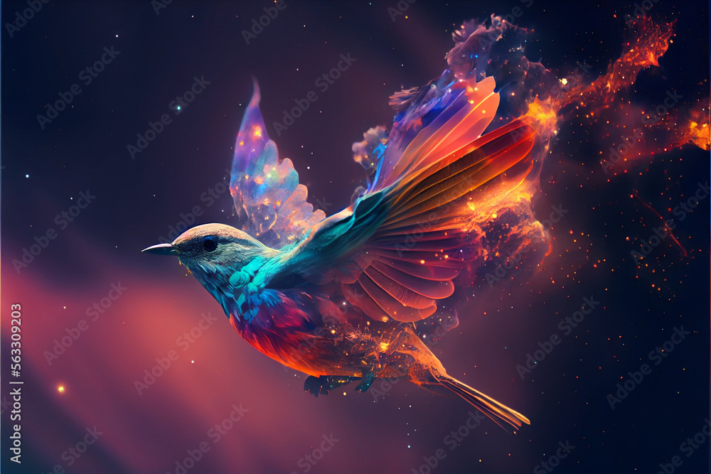 Aufkleber Abstract digital bird concept on a nebula dust in infinite space background. Mixed media