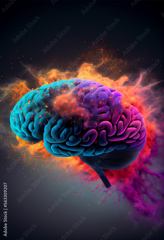 Poster abstract brain concept on a nebula dust in infinite space background. mixed media