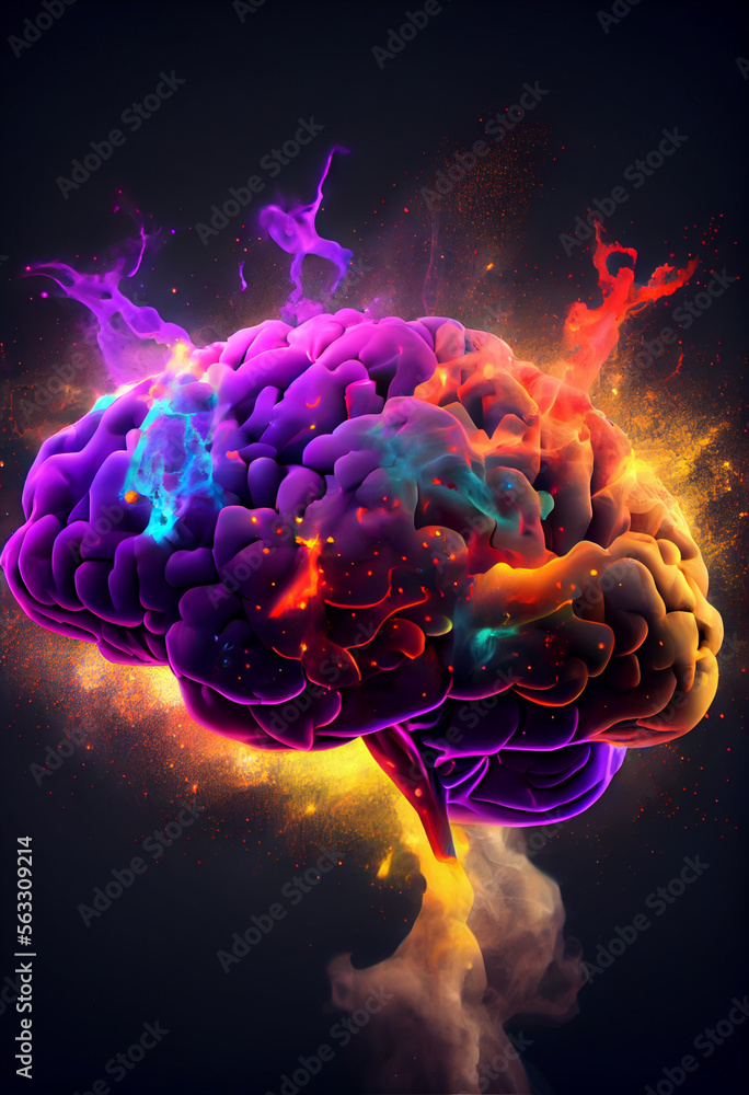 Poster abstract brain concept on a nebula dust in infinite space background. mixed media