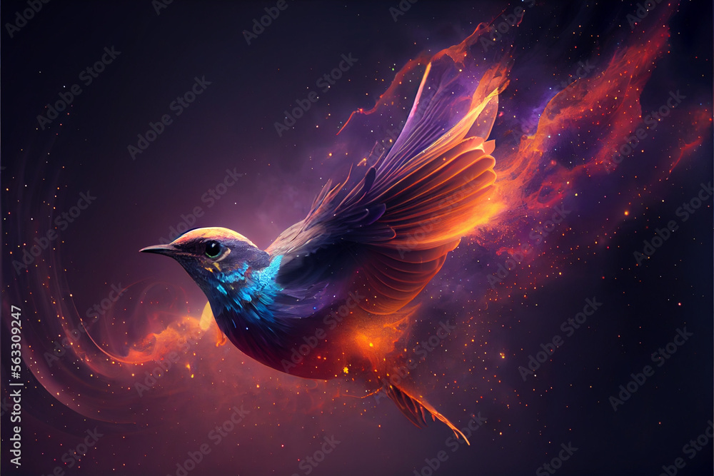 Poster abstract digital bird concept on a nebula dust in infinite space background. mixed media