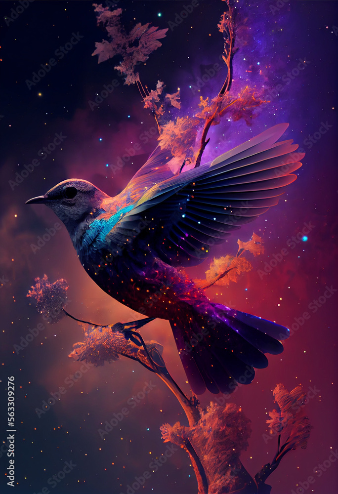 Aufkleber abstract digital bird concept on a nebula dust in infinite space background. mixed media