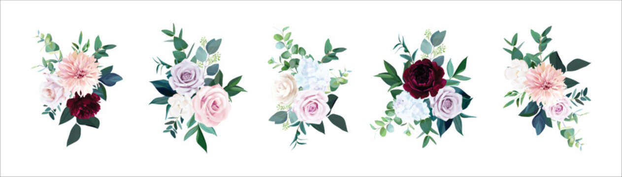 Set of floral arrangements of peony, dahlia, roses and leaves. Botanic decoration illustration for wedding card, fabric, and logo composition