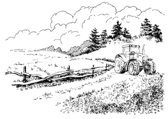 Rural scenery. Meadow, alkali, lye, grassland, pommel, lea, pasturage, farm. Rural scenery landscape panorama of countryside pastures. Vector sketch illustration
 - obrazy, fototapety, plakaty