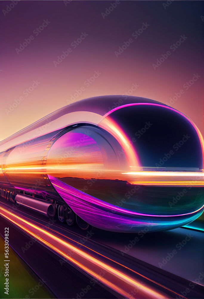 Poster beautiful abstract train driving fast with colorful light trails.