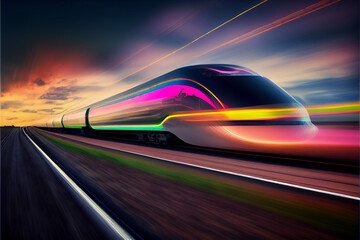 Fototapeta na wymiar beautiful abstract train driving fast with colorful light trails. 