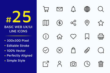 Set of basic web ux ui vector icons in line style design for website, app, ui, isolated on background. Editable stroke. Vector illustration.