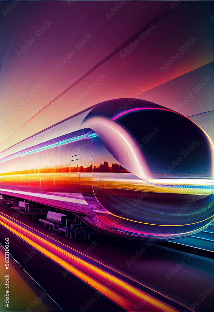 Poster beautiful abstract train driving fast with colorful light trails.