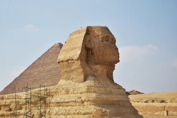 Close up of the head of the Great Sphinx of Giza, Cairo, Egypt. 