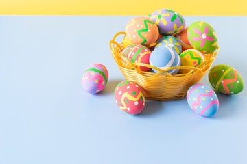 Easter eggs many color in basket for easter background