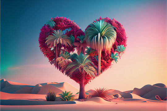 Beautiful фbstract Heart tree with palm collage concept, contemporary colors and mood social background. 