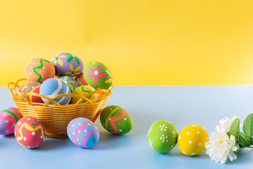 Easter eggs many color in basket for easter background