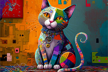 カラフルなパッチワークの猫のイラスト, Generative AI