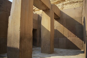 Massive Pillars within the Valley Temple of Khafre, also known as the Granite Temple. Khafre's...