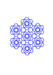 gruppe aus sieben miteinander verbundenenn blauen sechsecken verschiedener größe symmetrisch kombi,iert