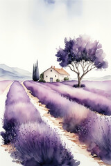 Lavender field landscape watercolor painting, Generative AI