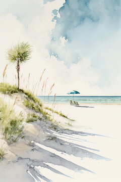Beach with palm tree watercolor painting.