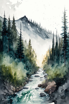 River in the forest with mountain watercolor painting.