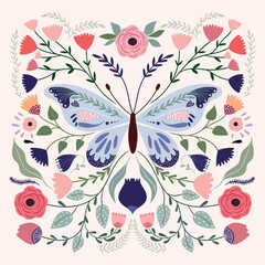 Spring summer butterfly composition, poster, greeting card with flowers in bloom, different plants, elegant design