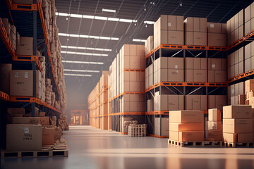 Large industrial warehouse with shelves full of goods - AI generative - 563312019