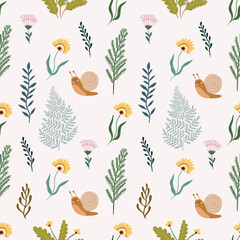 Spring seamless pattern with flowers, plants and snails, pastel colors © lilett