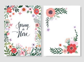 Spring time set with greeting cards, invitation, poster, floral frame, seasonal design and hand lettering