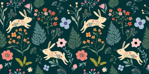 Keuken achterwand Dieren patronen Spring seamless pattern with floral design and cute bunnies, different flowers and plants, seasonal wallpaper  © lilett
