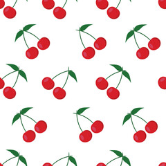Cherry pattern on white background, wrapping paper, fabric print vector illustration.