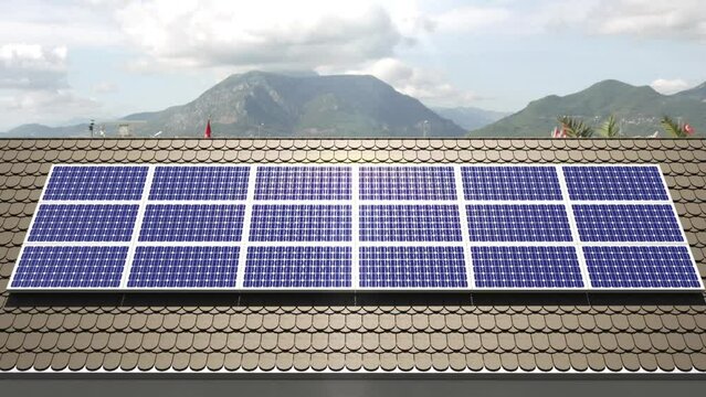 Close up solar power energy panels on the rooftop house. 3D animation. Time lapse. solar cell energy power concept idea.