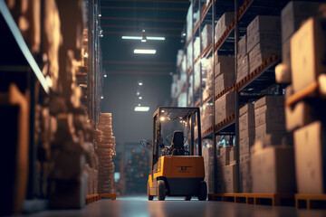 Fototapeta Forklift loads pallets and boxes in warehouse - AI generative obraz