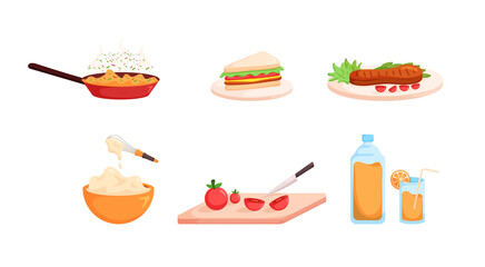 Home cooking stuff and food in cartoon character,