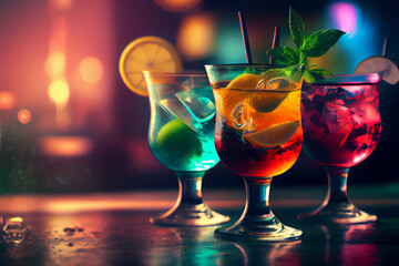 Drei verschiedene Cocktails auf einer Theke in einer Bar mit lichter im Bokeh im Hintergrund - Generative Ai 