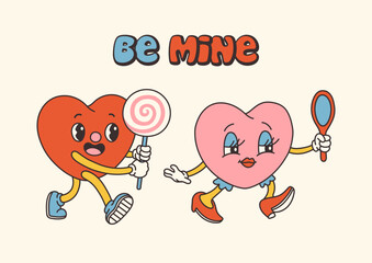 Retro Groovy Valentines day characters with slogans about love. Trendy 70s cartoon style. Card, postcard, print vector