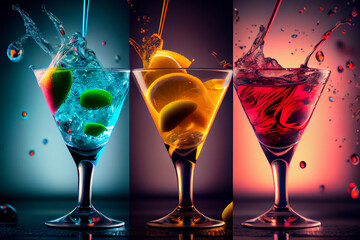 Drei verschiedene Cocktails auf einer Theke in einer Bar mit lichter im Bokeh im Hintergrund - Generative Ai  - obrazy, fototapety, plakaty